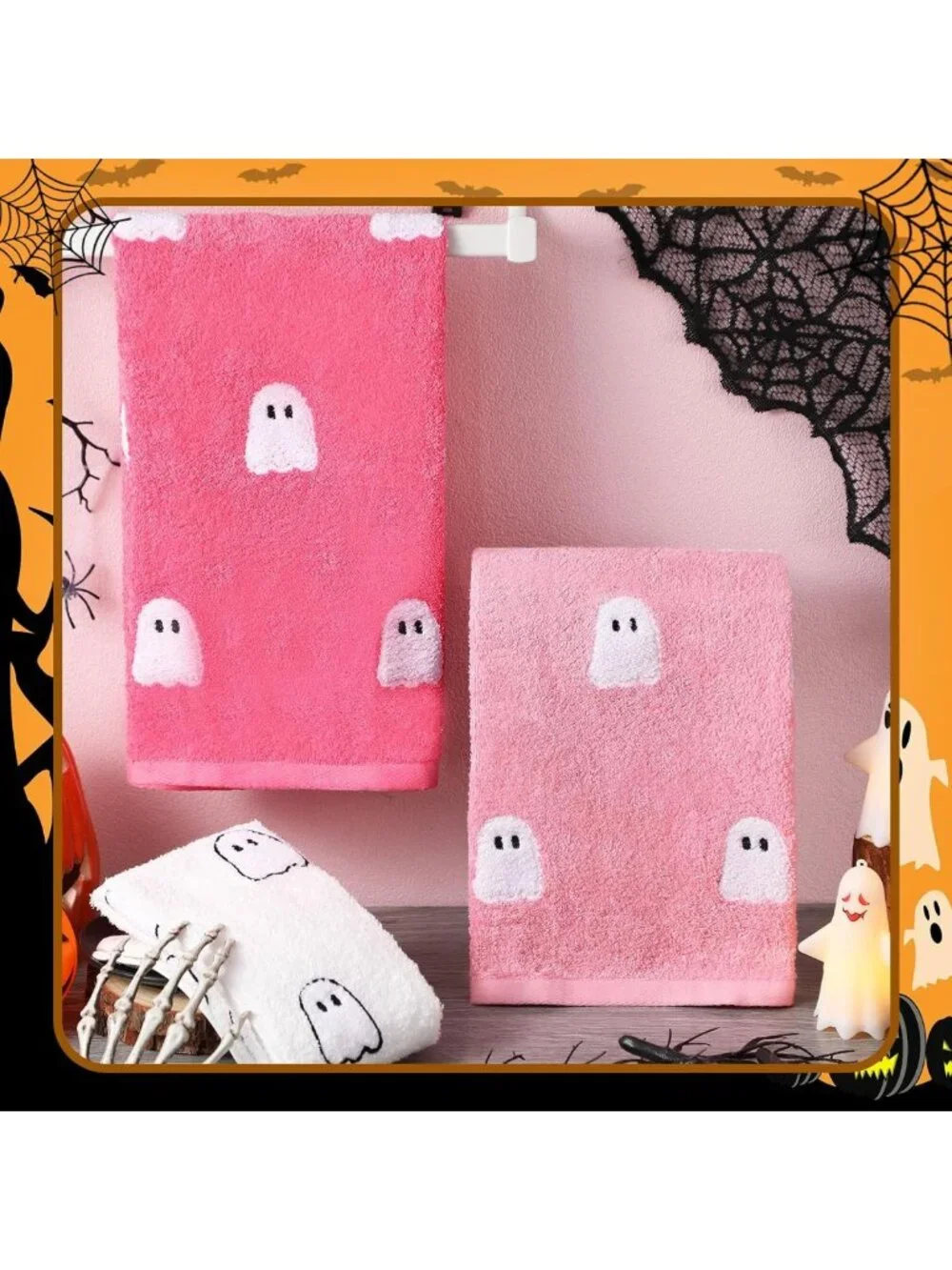 3 Pcs Pink Ghost Hand Towels - 100% Cotton Halloween Decor, Cute Kitchen Gifts